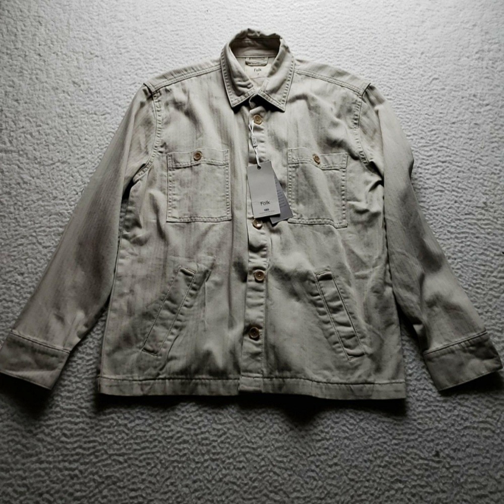 Folk Jacket Mens Medium Beige Cotton Herringbone Twill 4 Pocket Button Front